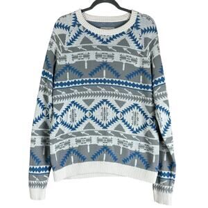Mossimo Sweater Men Sz L Cream Blue Gray Geo Tribal Knit Grandpa Cotton Pullover
